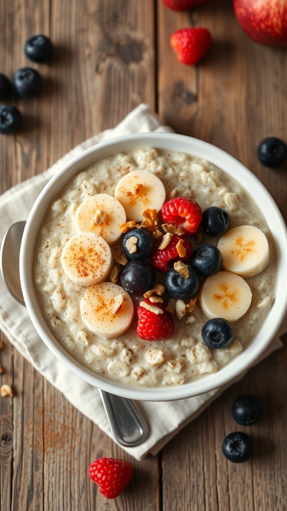 A cozy bowl of oatmeal topped with bananas, berries, and nuts on a wooden table.